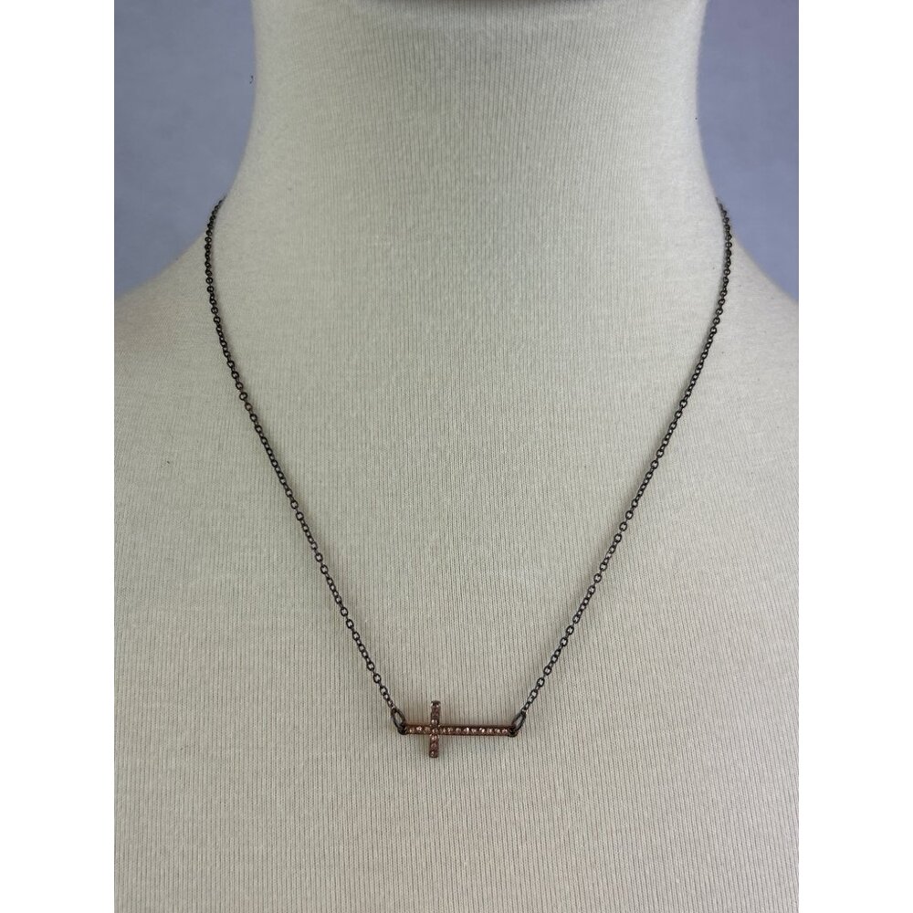 Horizontal Cross Necklace Gold Tone Rhinestone Accents Classic Minimalist